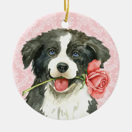 Valentine Rose Border Collie Ceramic Ornament