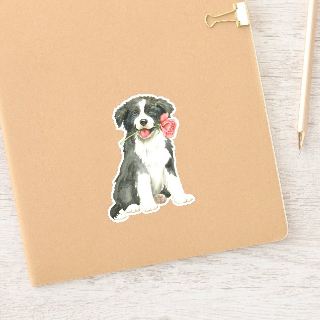 Valentine Rose Border Collie Vinyl Sticker (Notebook)