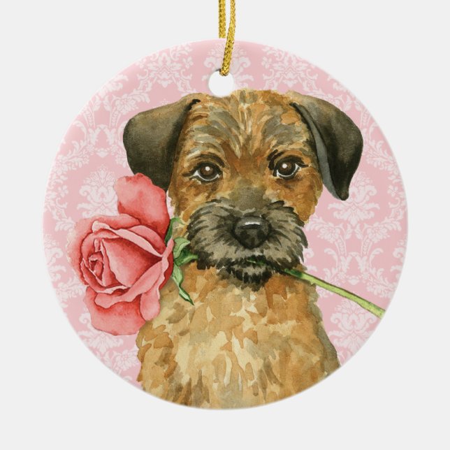 Valentine Rose Border Terrier Ceramic Ornament (Front)