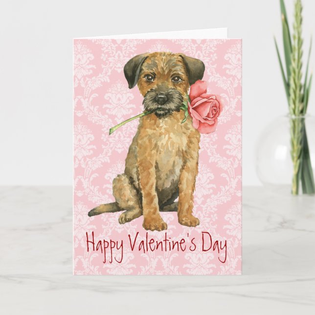 Valentine Rose Border Terrier Holiday Card (Front)