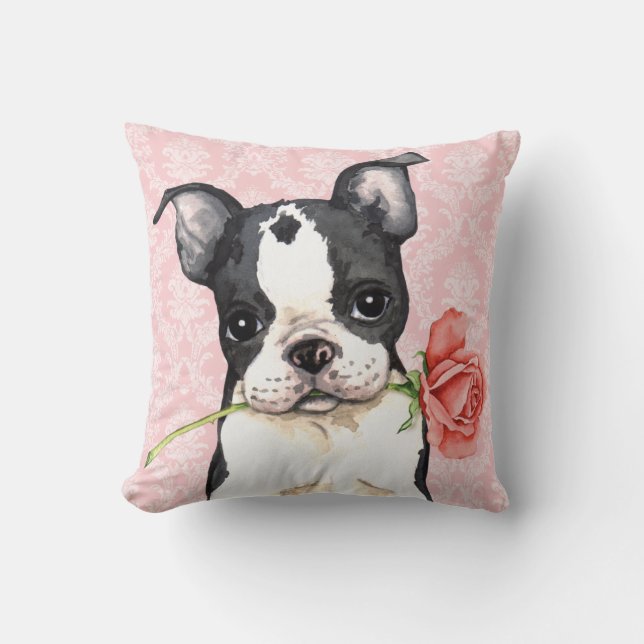 Valentine Rose Boston Terrier Throw Pillow (Front)