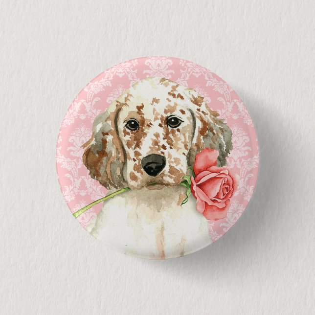 Valentine Rose English Setter Pinback Button (Front)