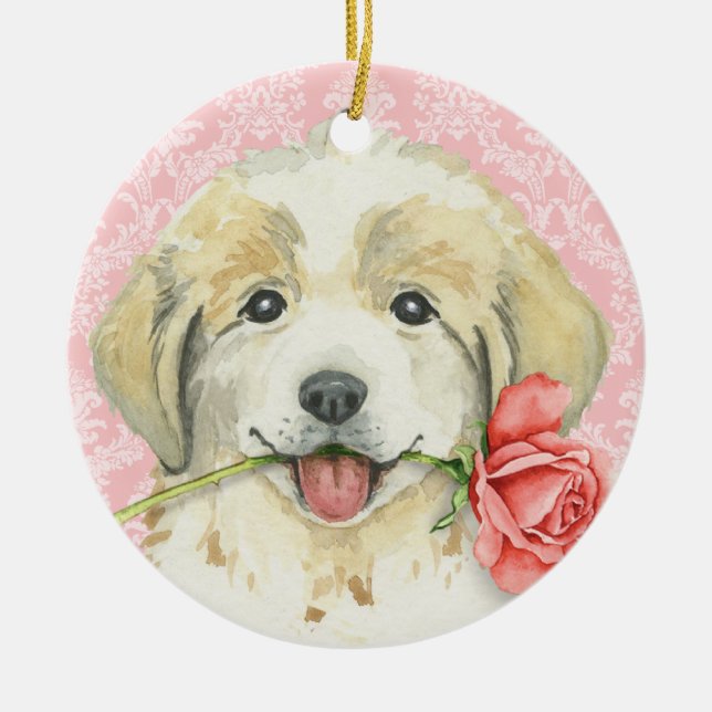 Valentine Rose Great Pyrenees Ceramic Ornament (Front)