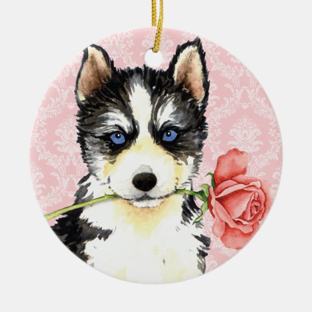 Valentine Rose Husky Ceramic Ornament (Front)