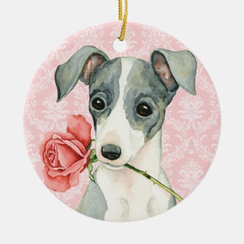 Valentine Rose Italian Greyhound Ceramic Ornament