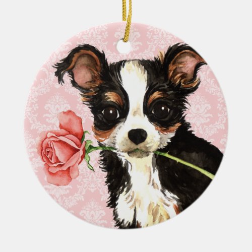 Valentine Rose Long Coat Chihuahua Ceramic Ornament