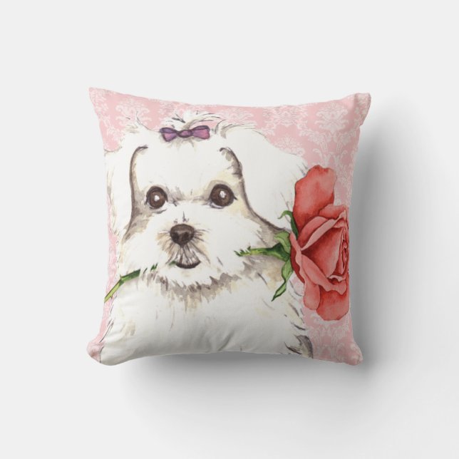 Valentine Rose Maltese Throw Pillow (Front)