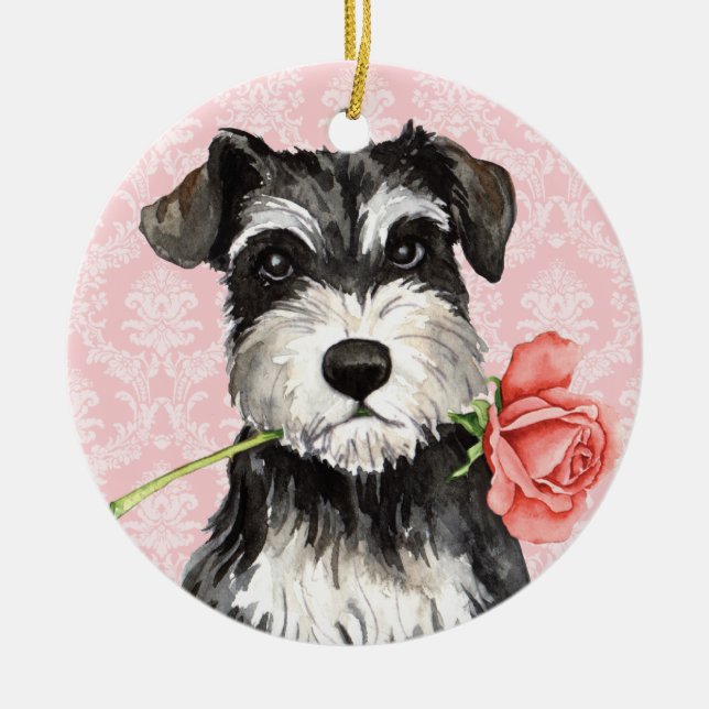 Valentine Rose Mini Schnauzer Ceramic Ornament (Front)