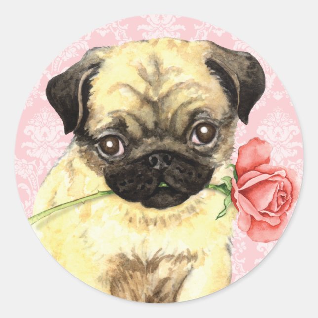 Valentine Rose Pug Classic Round Sticker (Front)