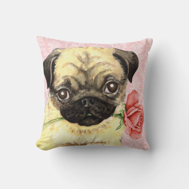 Valentine Rose Pug Throw Pillow (Front)