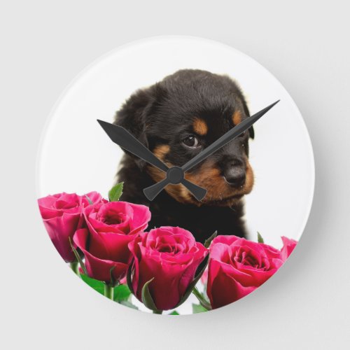 Valentine Rose Rottweiler Puppy Round Clock