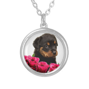 Valentine Rose Rottweiler Puppy Silver Plated Necklace