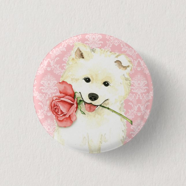 Valentine Rose Samoyed Pinback Button (Front)