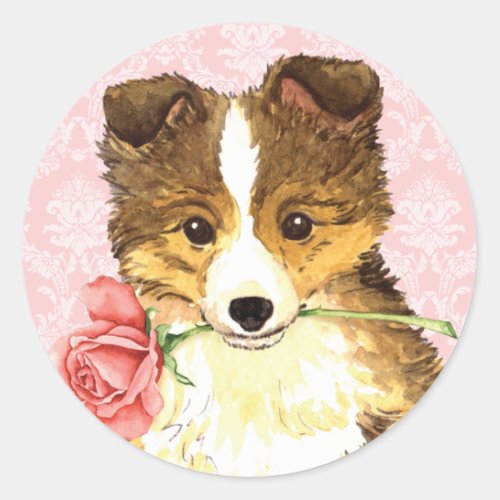 Valentine Rose Sheltie Classic Round Sticker