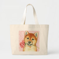 Valentine Rose Shiba Inu Large Tote Bag