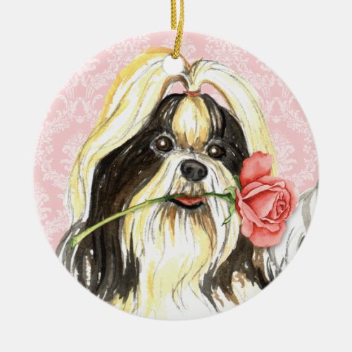 Valentine Rose Shih Tzu Ceramic Ornament