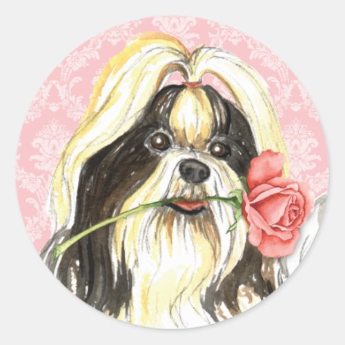 Valentine Rose Shih Tzu Classic Round Sticker