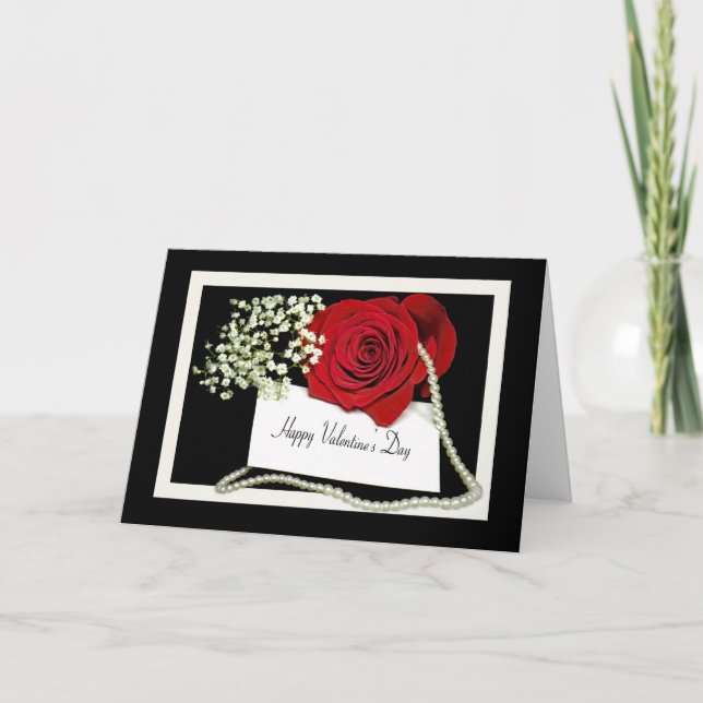 Valentine Rose with pearls Holiday Card (Front)