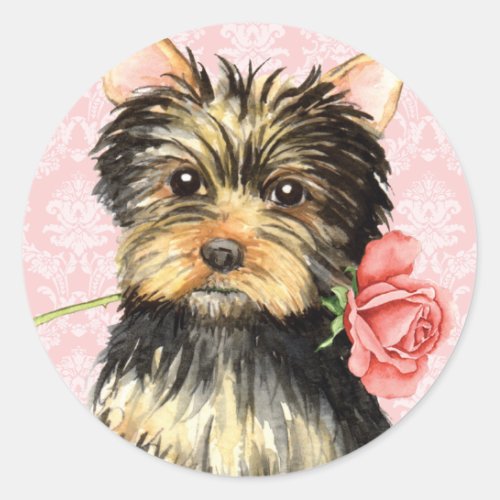 Valentine Rose Yorkie Classic Round Sticker