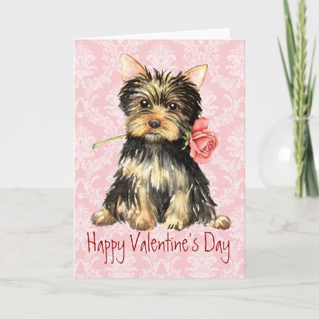 Valentine Rose Yorkie Holiday Card (Front)
