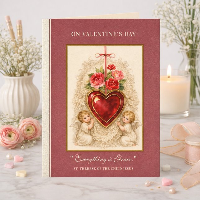 Valentine Roses Angels St. Therese Heart Cross Card (Creator Uploaded)