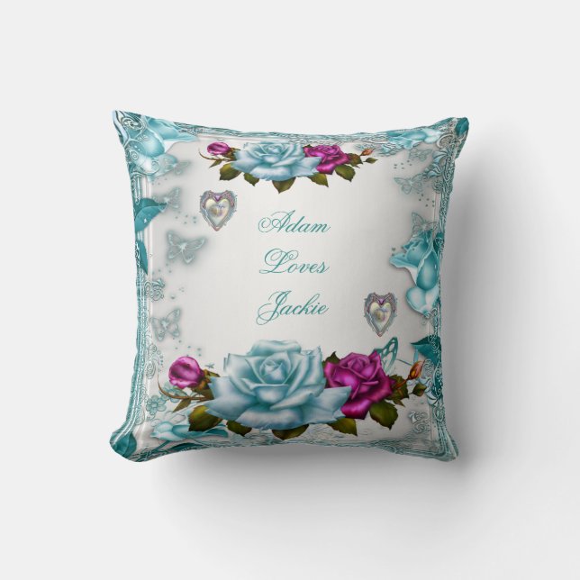 Valentine Roses White Blue Teal Pink Floral Throw Pillow (Front)