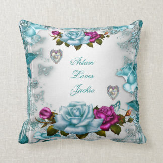 Valentine Roses White Blue Teal Pink Floral Throw Pillow