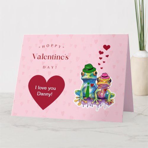 Valentineâs Colorful Frog Couple with Hearts Card