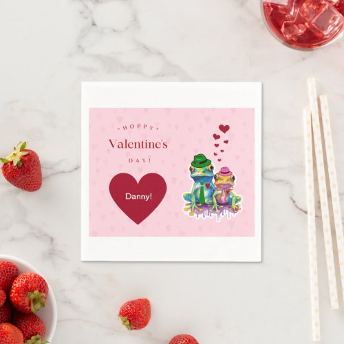 Valentineâs Colorful Frog Couple with Hearts Napkins