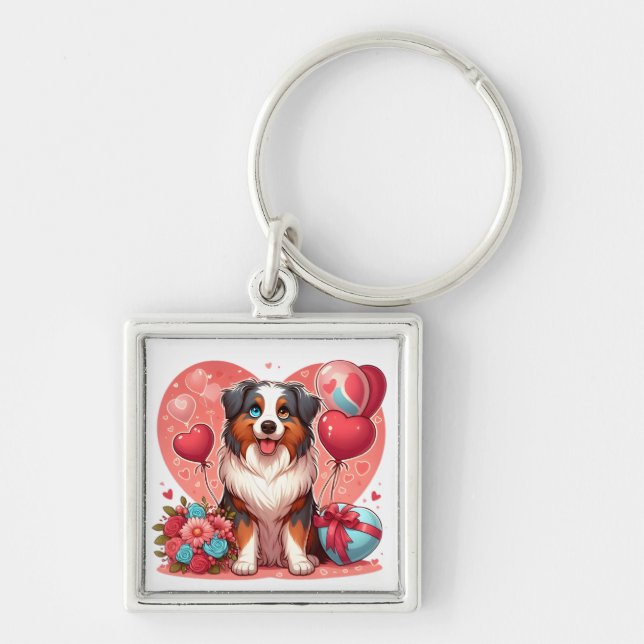 Valentine’s Day Australian Shepherd Dog Keychain – (Front)