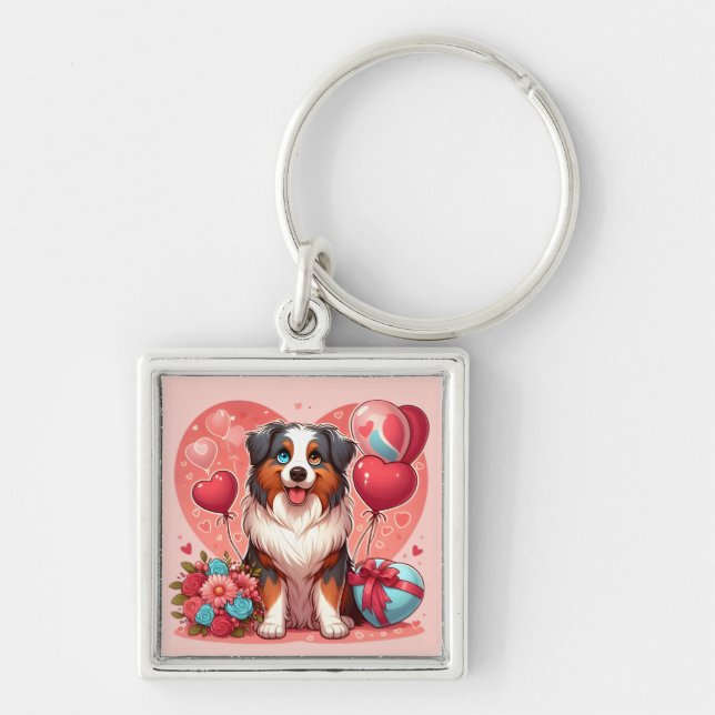 Valentine’s Day Australian Shepherd Dog Keychain (Front)