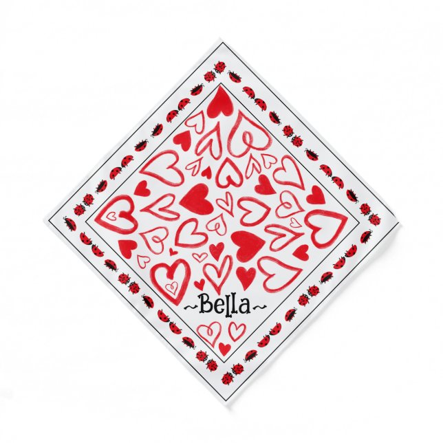 Valentine’s Day bandana Red hearts & pet name (Front)