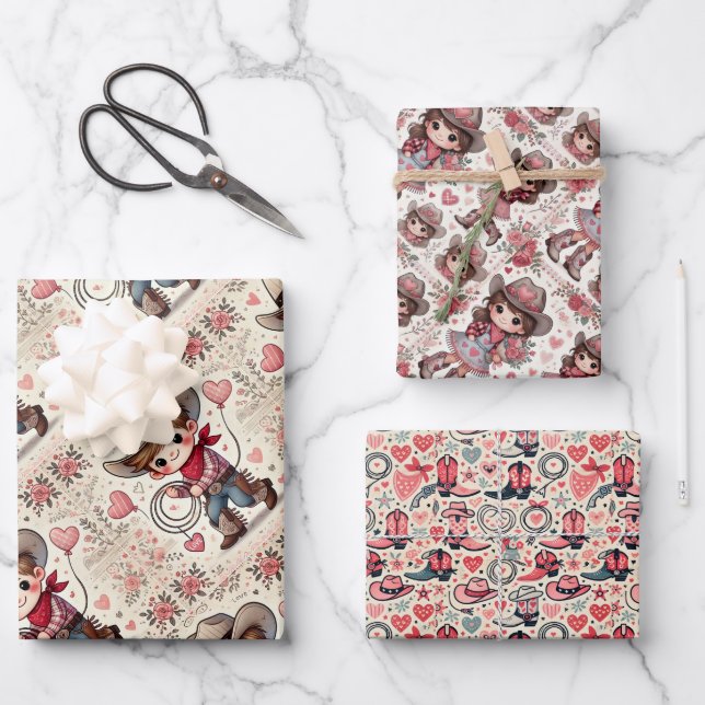 Valentine’s Day Cowboy & Cowgirl Wrapping Paper Sheets (Front)