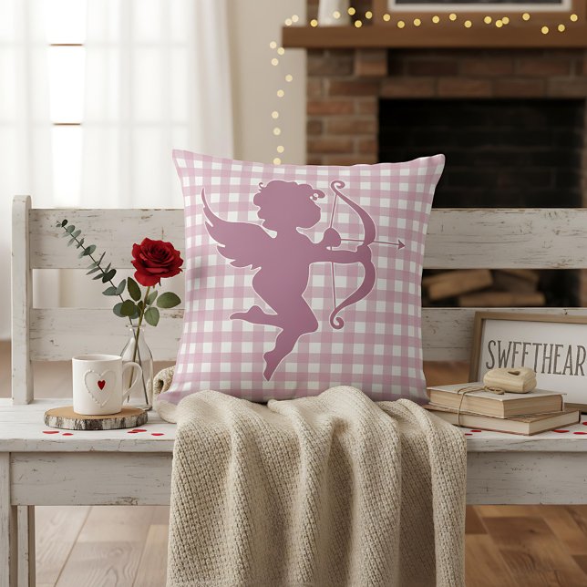 Valentine’s Day Cupid Pink and White Plaid Gingham Throw Pillow (Creator Uploaded)