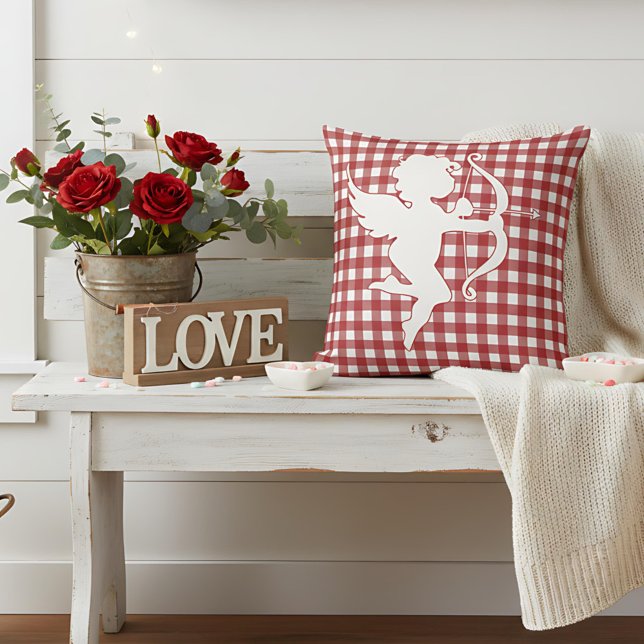 Valentine’s Day Cupid Red and White Plaid Gingham Throw Pillow (Creator Uploaded)