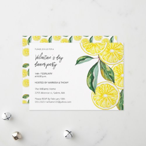 Valentines Day Dinner Lemon Party Watercolor  Holiday Card