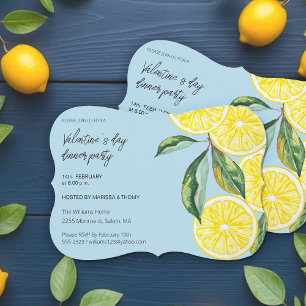 Valentine`s Day Dinner Lemon Party Watercolor Holiday Card