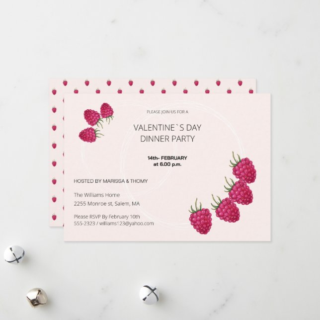 Valentine`s Day Dinner Party Watercolor Raspberry Holiday Card (Front/Back In Situ)