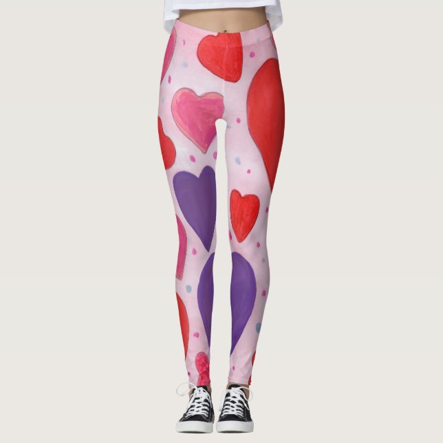 Valentine’s Day Hearts in Pink, Purple and Red Leggings (Front)