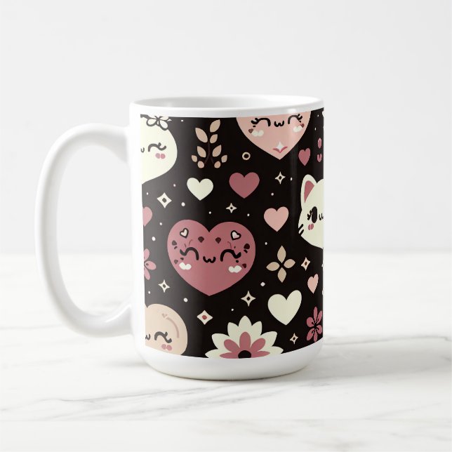 Valentine’s Day Kawaii Cats Hearts Flower Pattern Coffee Mug (Left)
