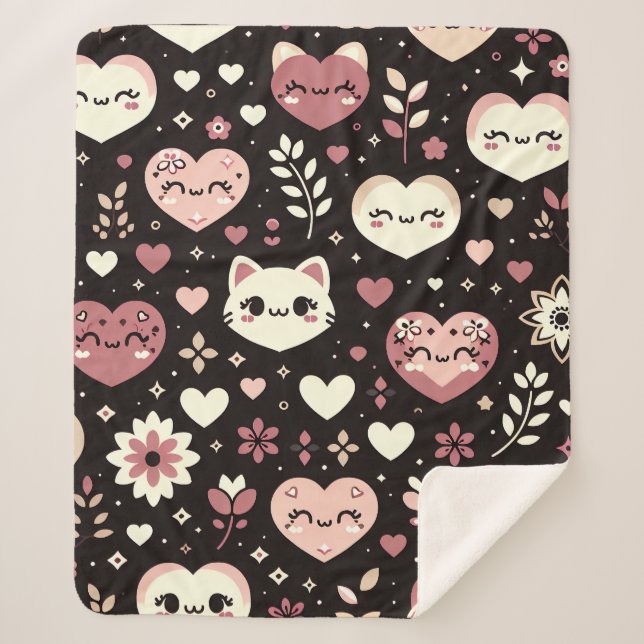 Valentine’s Day Kawaii Cats Hearts Flower Pattern Sherpa Blanket (Front)