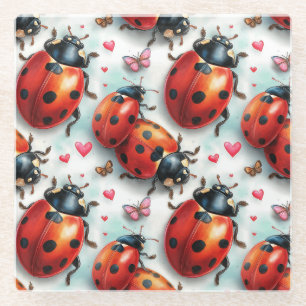 Valentine`s Day Ladybug Love Pattern Glass Coaster