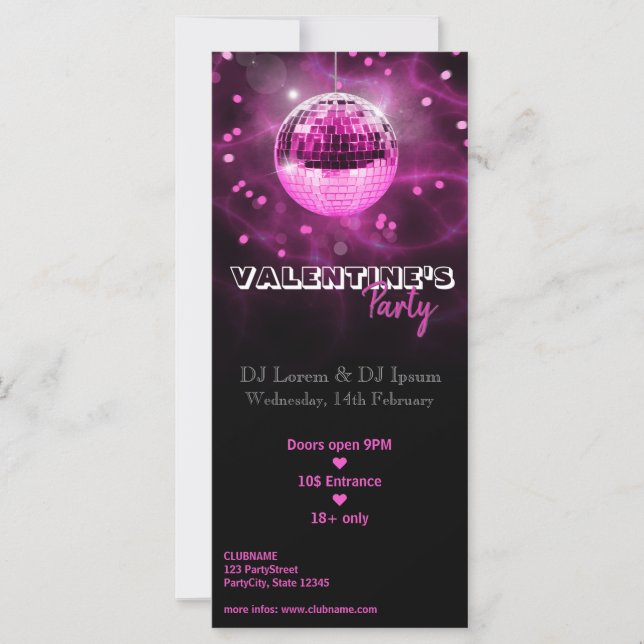Valentine’s Day Party Flyer Black Pink Disco Ball (Front)