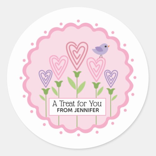 Valentineâs Day Treat for You Pink Floral Hearts Classic Round Sticker