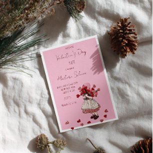 Valentine’s Day – Vintage Girl with Heart Bouquet Invitation