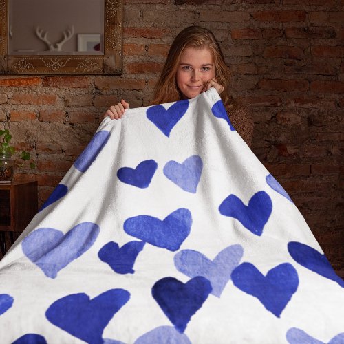 Valentines Day Watercolor Hearts  blue Fleece Blanket