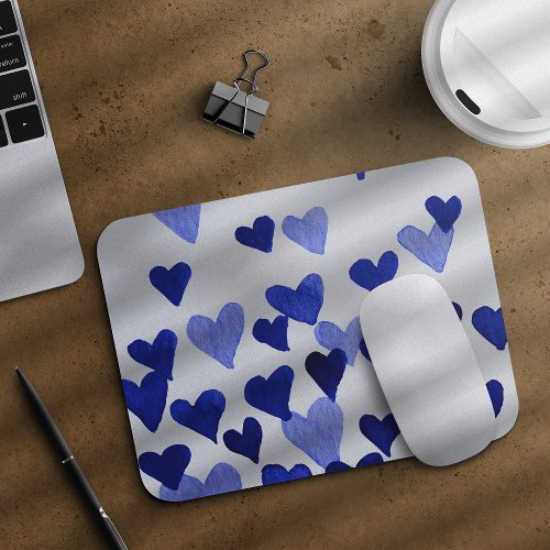 Valentines Day Watercolor Hearts  blue Mouse Pad