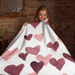 Valentine’s Day Watercolor Hearts – dark pink Fleece Blanket