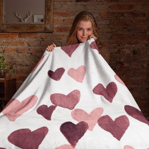 Valentines Day Watercolor Hearts  dark pink Fleece Blanket