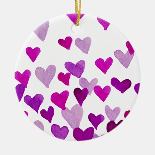 Valentines Day Watercolor Hearts  purple Ceramic Ornament